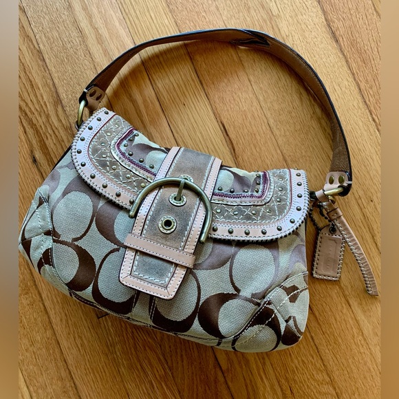 Coach Vintage Beige & Brown Signature Jacquard & Leather Studded Buckle Shoulder